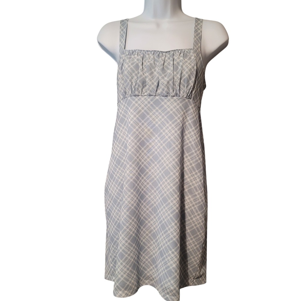 Social Tourist Blue White Plaid Ruched Mini Dress Womens Size S Empire Waist Y2K